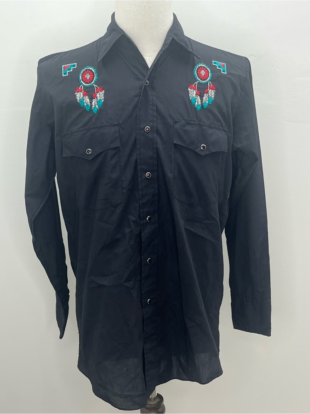 Silver Spur Mens Vintage Black Embroidered  Pearl Snap Western Shirt Medium